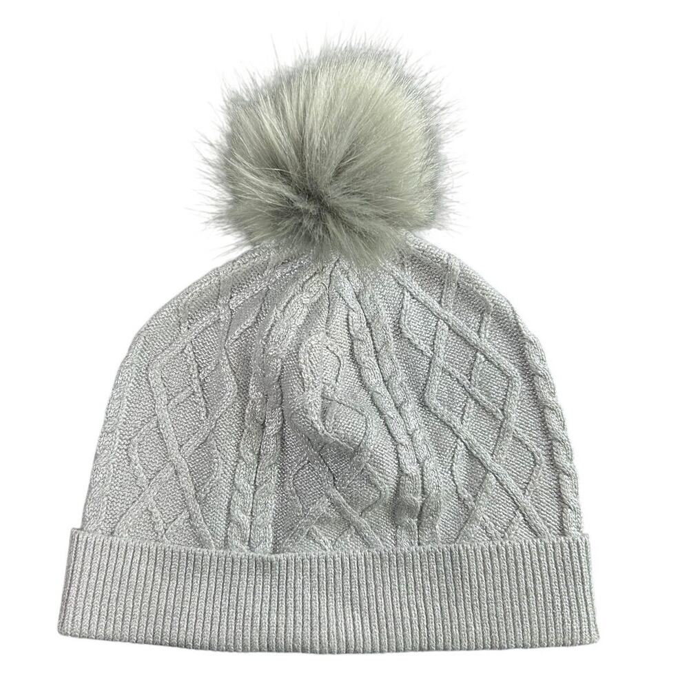Talbots- NWT- Womens Metallic Silver Beanie OSFM-  pom pom- Winter Outdoors